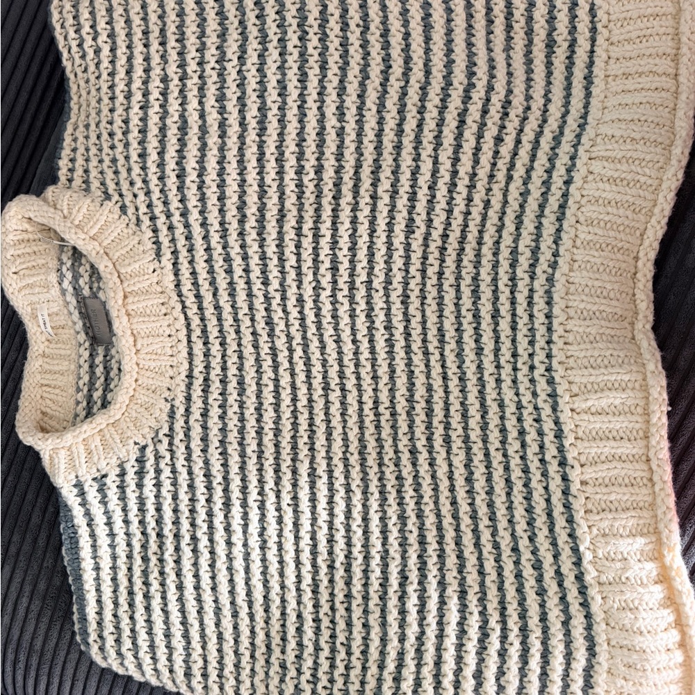 MOTHER Cream and Dark Green Striped Crewneck Sweater